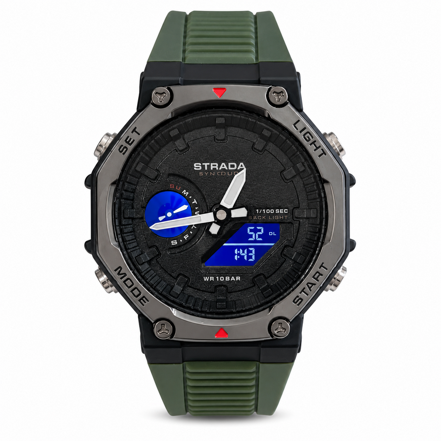 STRADA Double Timer Men's Analog-Digital Sports Watch – Military Green