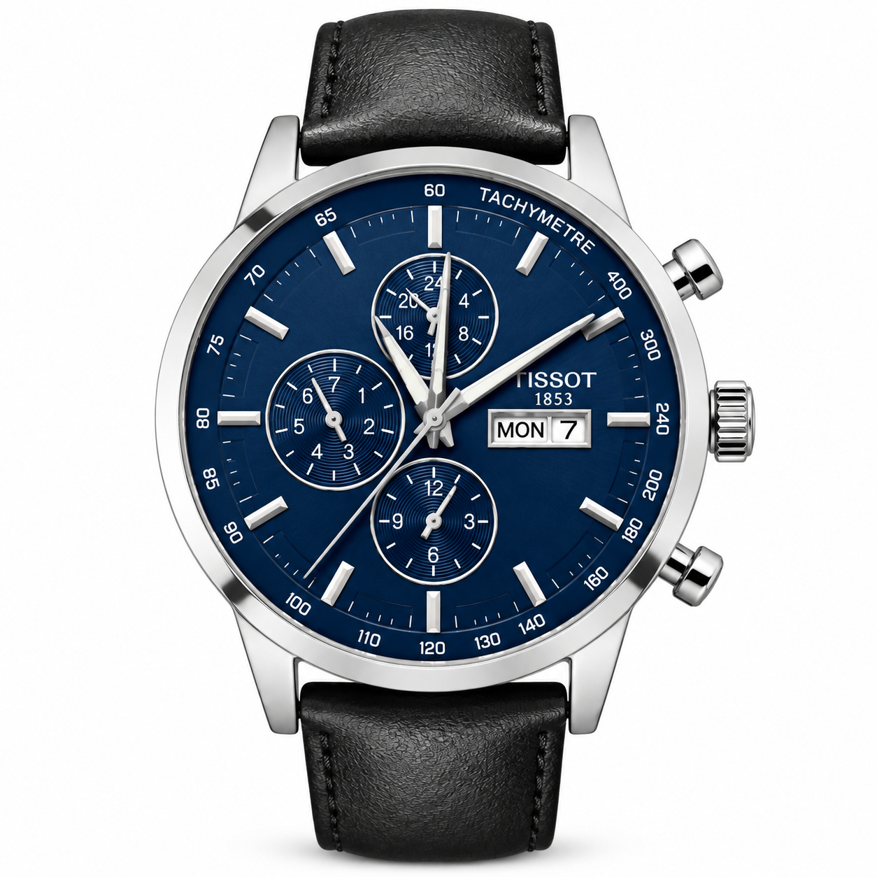 Tissot 1853 Men's Navy Blue Chronograph-Style Watch – Black Leather Strap