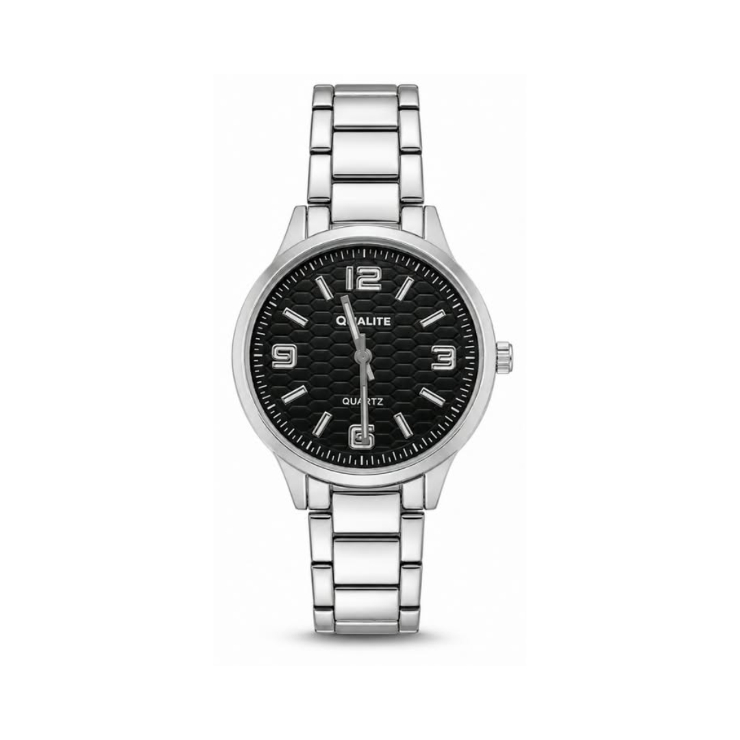 Qialite Classic Silver-Tone Watch – Black Textured Dial