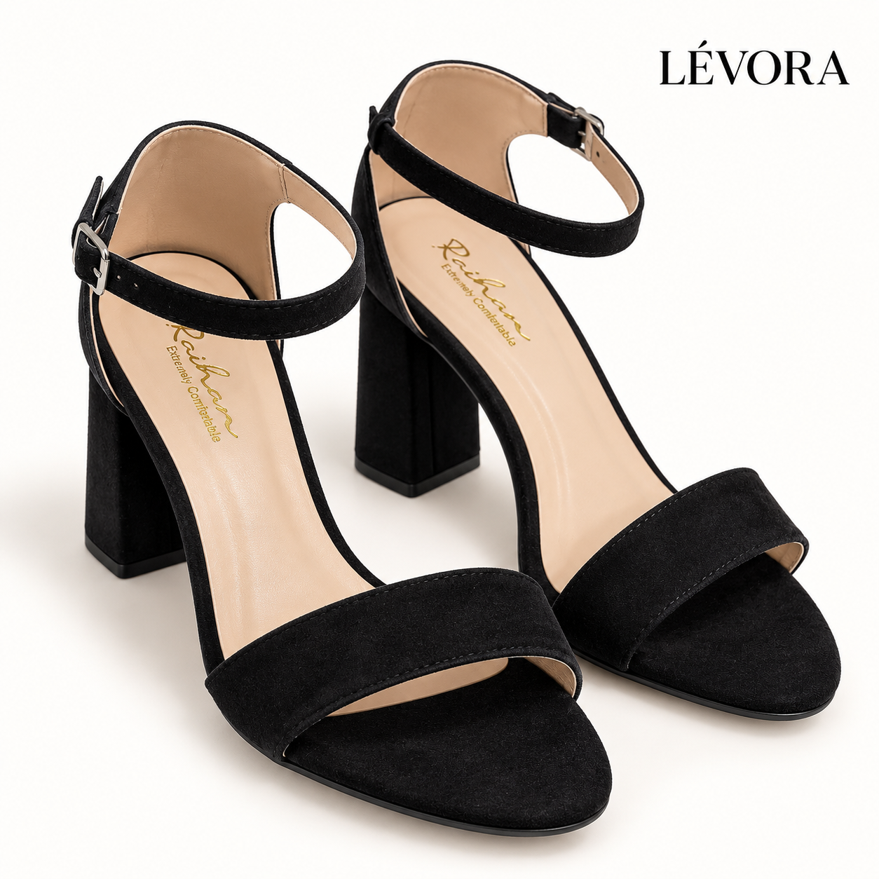 Women's Black Ankle-Strap Block Heel Sandals
