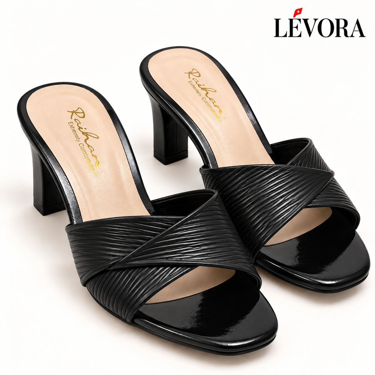 Women's Black Ribbed Cross-Strap Block Heel Sandals